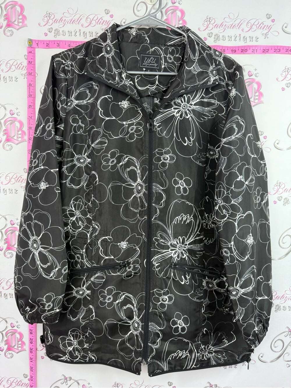 Ulu coat jacket line work flowers Black Jacket with White Floral Outline
